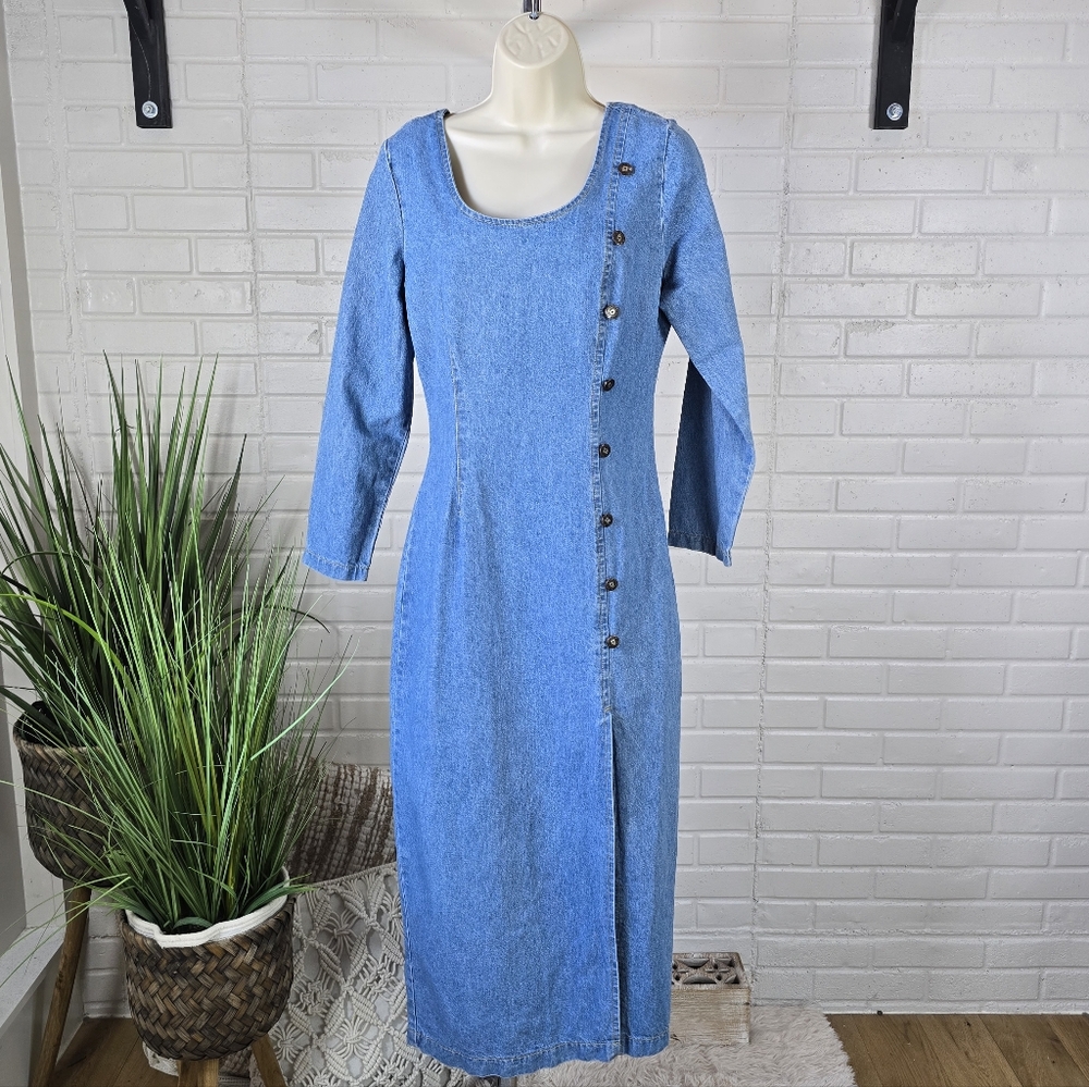 Vintage Denim Long Sleeve Faux Button Maxi Dress Size 9